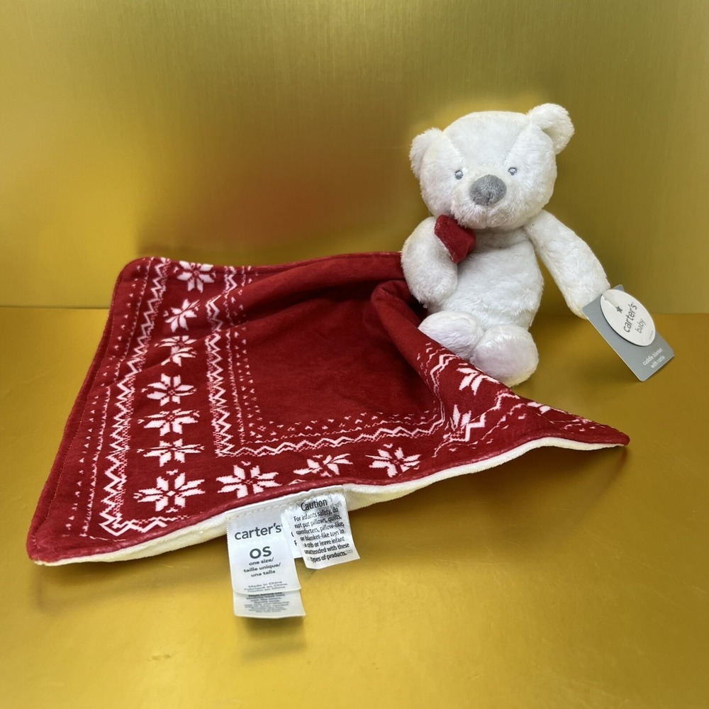 Carters Security lovey Plush Baby‎ Rattle Red White Bear 10x11 Stuffed Toy